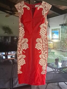 Red Lace-Trim Midi Sheath By Paper Dolls.